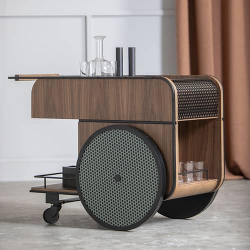 Desserte Trink / Chariot bar - 100 x 54 x H 75 cm / Tôle perforée - KANN DESIGN - Noyer / Roues vert fumé - Acier, Aluminium, Caoutchouc, Noyer massif laqué, Placage de noyer