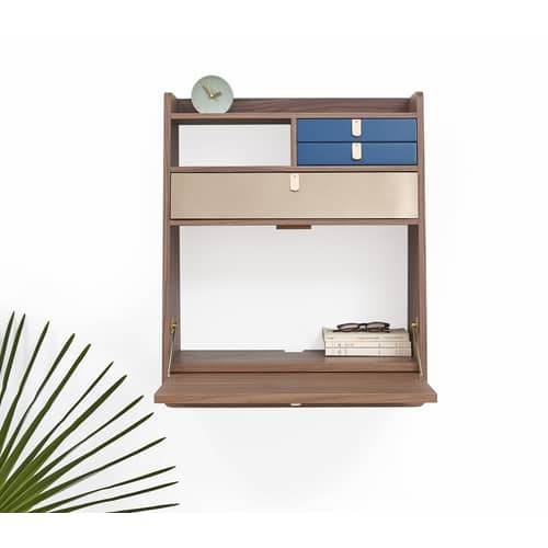 Secrétaire mural Gaston bleu bois naturel / L 60 x H 72 cm - Noyer - Hartô - Bleu pétrole & laiton / Noyer - Cuir, MDF plaqué chêne