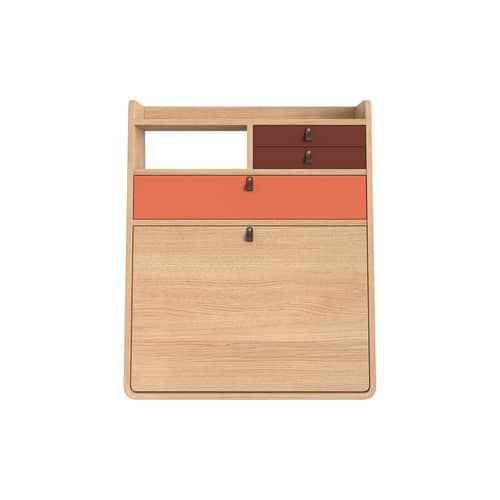 Secrétaire mural Gaston bois orange / L 60 x H 72 cm - Hartô - Corail épicé & bourgogne / Chêne naturel - MDF laqué, MDF plaqué chêne