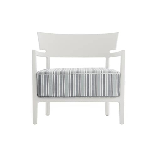 Fauteuil rembourré Cara OUTDOOR   - Kartell - Blanc mat / Tissu rayé vert - Mousse polyuréthane, Polycarbonate, Tissu outdoor