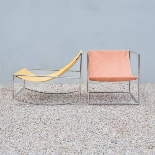 Rocking chair  tissu jaune OUTDOOR - valerie objects - Jaune / Structure acier poli - Acier inoxydable, Tissu outdoor
