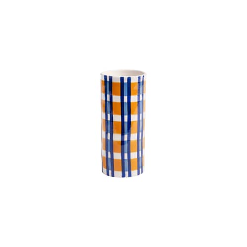 Vaso Clash Check ceramica multicolore / Ø 8 x H 18 cm - Dipinto a mano - & klevering - H 18 cm / Blu e Curry - Porcellana