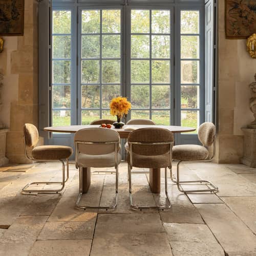 Gepolsterter Stuhl Amberta textil beige - NV GALLERY - Macchiato (lockig) - High Density-Schaum, Schlingenpol, Verchromter Edel-Stahl