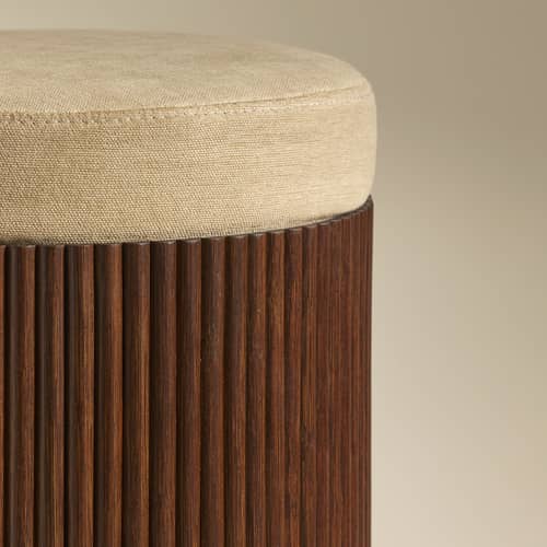 Sitzkissen Riviera textil beige / Beistelltisch (abnehmbares Kissen) - Rattan & Leinen - Ø 36 x H 45 cm - Maison Sarah Lavoine - Beige / Dunkelbeige Rattan - Holz, Leinen, Rattan, Schaumstoff
