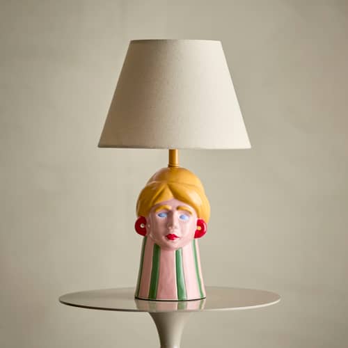 Miss Jody Table lamp ceramic multicoloured - Bloomingville - Multicoulered / Natural Linen - Enamelled sandstone, Linen fabric