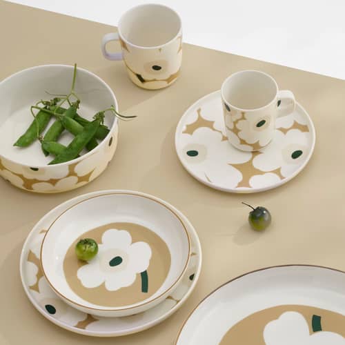 Assiette Unikko céramique beige / Ø 25 cm - Marimekko - Unikko / Beige, blanc & vert - Grès