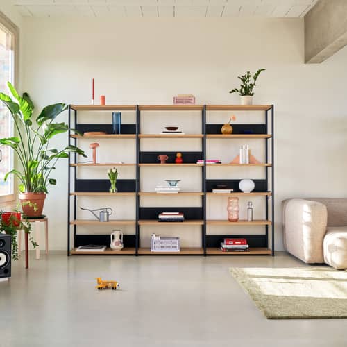 Bücherregal UNIT 6 metall schwarz / H 215 x B 244 cm - TIPTOE - Schwarz Graphitschwarz / Eiche - Ökozertifiziertes Holz, thermolackierter Stahl
