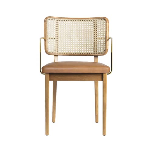 Fauteuil bridge Cannage / Accoudoirs laiton - RED Edition - Cuir Tabac / Chêne - Cannage de rotin, Chêne massif, Cuir, Mousse