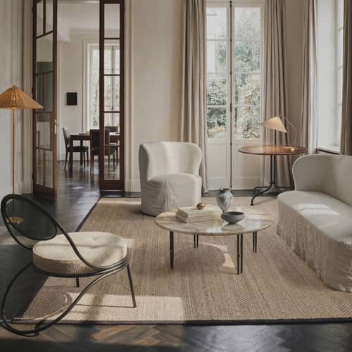 Poltrona imbottita Stay tessuto bianco / Fodera sfoderabile - Gubi - Lino lavato - Legno, Lino lavato, Schiuma PU