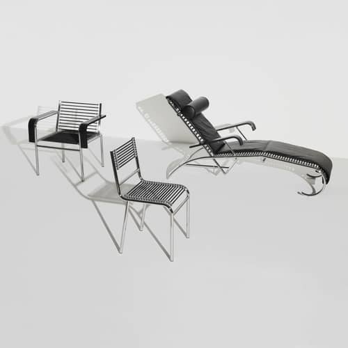 Sandows N°114 Reclining chair leather black / Reissue 1927 - Reclining backrest - Petite Friture - Black - Chromed steel, Elastic Cords, Leather