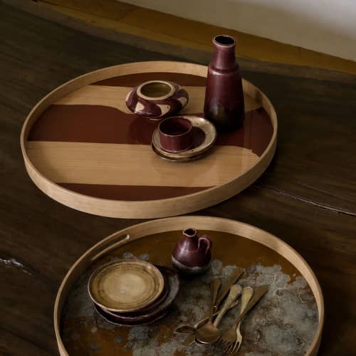 Accessoire / Plateau Second Nature Ø 61 cm - Pour tables gigognes Ø 62 cm - Ethnicraft - Plateau / Auburn & chêne - Placage de chêne, Verre sérigraphié