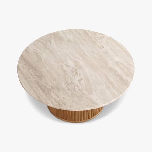 Oviedo Coffee table stone beige / Ø 80 cm - Travertine - NV GALLERY - Beige Travertine / Oak - Oak, Travertine