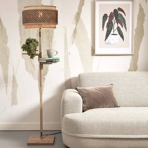 Bhutan Floor lamp cane & fibres wood beige bamboo & natural wood / 2 shelves - H 160 cm - GOOD&MOJO - Natural wooden leg - Bamboo, Iron, Woven bamboo