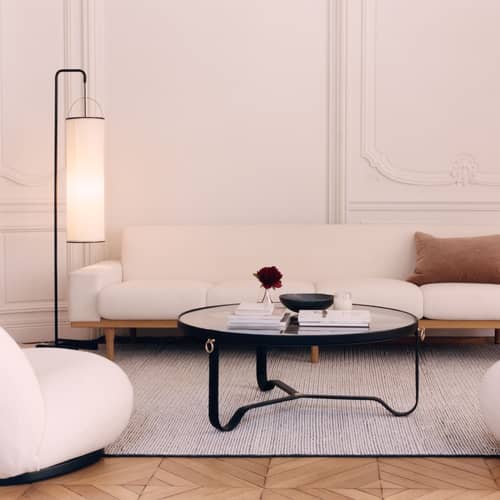 Lampadaire Silk Lantern beige / Soie naturelle - 1951 - Gubi - Beige - Acier, Placage de bois, Soie naturelle