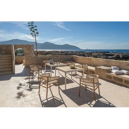 Kilt Stackable armchair textile beige natural wood / Teak & Synthetic rope - Ethimo - Sand / Natural teak - FSC certified teak, Synthetic rope