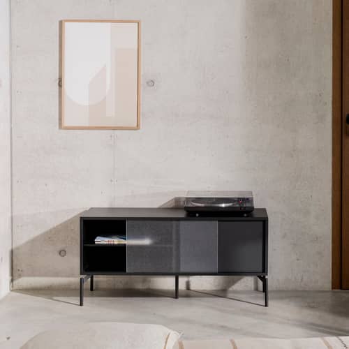 Met Mini Television table wood black / W 116 x H 55 cm - NOO.MA - Volcano Black - Melamine, Steel, Textured glass
