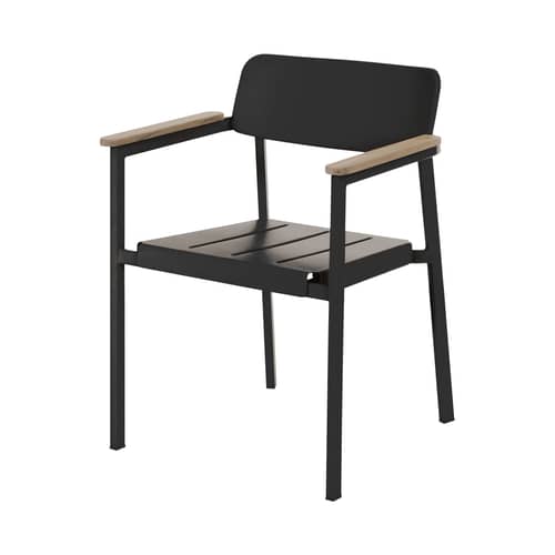 Fauteuil empilable Shine / accoudoirs bois - Emu - Noir / Accoudoirs teck - Aluminium verni, Teck