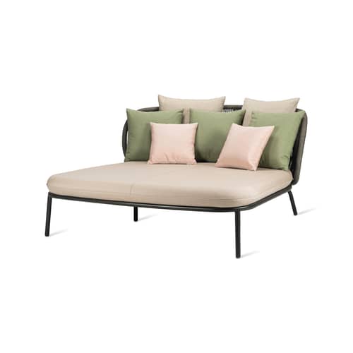 Dormeuse d\'extérieur Kodo     / L 151 x Prof. 168 cm - Corde acrylique tressée main - Vincent Sheppard - Gris Fossile / Jaune pâle, Vert & beige - Aluminium thermolaqué, Corde polypropylène, Mousse, Tissu d\'extérieur