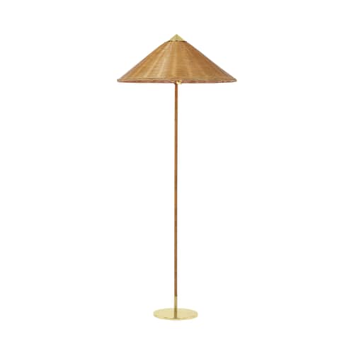 Lampadaire 9602 fibre végétale marron beige bois naturel / Rotin - Réédition 1935 - Gubi - Rotin naturel - Laiton poli, Rotin naturel, Tissu