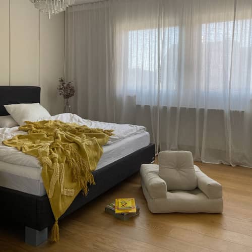 Beistellbett Mini Cube textil weiß / Beistellbett - KARUP - Leinen 914 - Baumwolle, Mischfasern, Schaumstoff