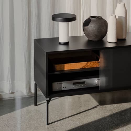 Met Television table wood black / W 160 x H 60 cm - NOO.MA - Volcano Black - Melamine, Steel, Textured glass