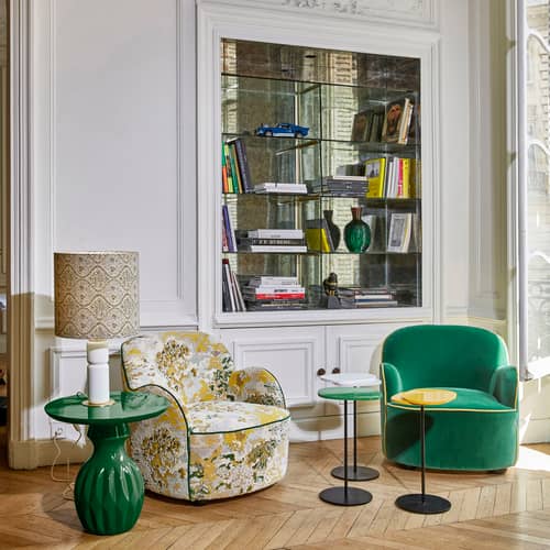 Poltrona imbottita Celeste tessuto giallo verde - POPUS EDITIONS - Fantasia / Verde citrino e giallo (tessuto jacquard di Marrakech) / Profilo verde - Faggio massello, Ovatta di poliestere, Pannelli di particelle, Schiuma HR, Tessuto