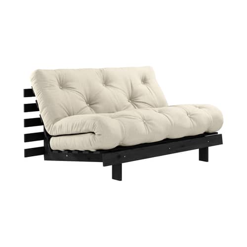 Schlafcouch Roots holz weiß / B 140 cm - 3 Positionen / Schwarze Struktur - KARUP - Leinen 914 / Schwarz - FSC-zertifizierte, lackierte Massivkiefer, Gewebe, Recycelte Mischfasern, Schaumstoff