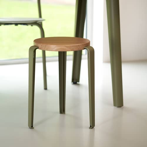 Lou Stackable stool metal green / H 45 cm - Eco-certified Oak - TIPTOE - Khaki green - Eco-certified solid oak, Powder coated steel
