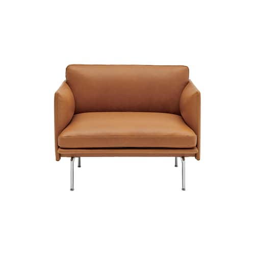 Poltrona imbottita Outline pelle marrone - Muuto - Cognac (Pelle Refine) / Piedi in alluminio Lucido - Acciaio, Alluminio lucido, Legno, Pelle, Schiuma a freddo
