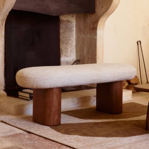 Gepolsterte Bank Popa textil beige / L 132,5 cm - NV GALLERY - Beige / Nussbaum - Gebeizte Massiveiche, Schaumstoff, Tissu Tweed