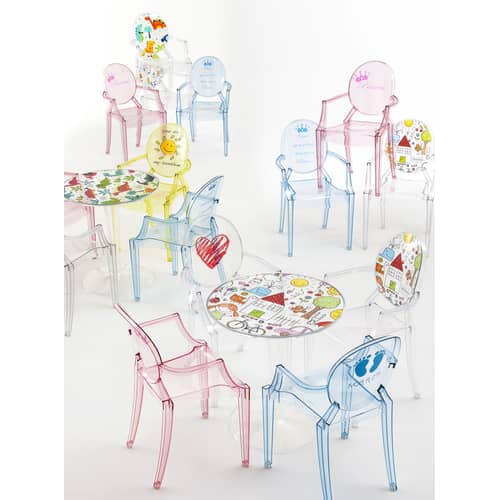 Fauteuil enfant Lou Lou Ghost plastique multicolore transparent / Dossier décoré - Kartell - Transparent / Dinosaures - Polycarbonate