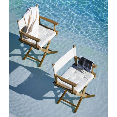 Poltrona pieghevole Ginger tessuto legno bianco / Teck & tela - Cuscino - Unopiu - Bianco écru / Teack - Cotone, Teck