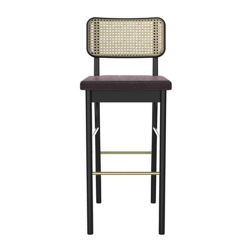 Sgabello bar Cannage fibre legno naturale / H 65 cm - RED Edition - Tessuto prugna / Nero - Espanso, Midollino, Ottone, Rovere, Tessuto