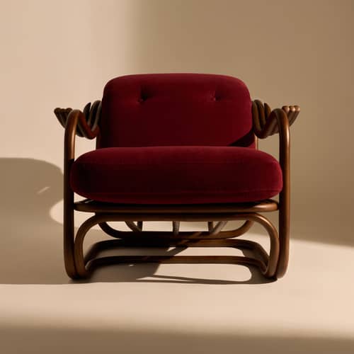 Fauteuil rembourré Tria / Réédition 1973 - Gubi - Bordeaux (Tissu velours) / Rotin foncé - Mousse, Rotin, Velours