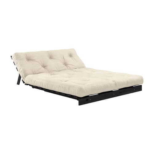 Schlafcouch Roots holz weiß / B 140 cm - 3 Positionen / Schwarze Struktur - KARUP - Leinen 914 / Schwarz - FSC-zertifizierte, lackierte Massivkiefer, Gewebe, Recycelte Mischfasern, Schaumstoff