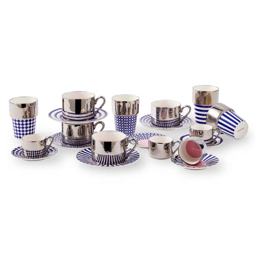 Aunty Coffee cup ceramic blue / Set 4 Cups + 4 Saucers - 200 ml - Pols Potten - Blue, Silver-plated & Pink - China