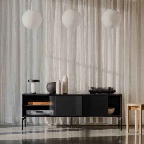 Met Television table wood black / W 160 x H 60 cm - NOO.MA - Volcano Black - Melamine, Steel, Textured glass