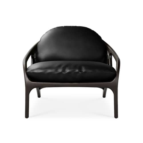 Fauteuil bas Vime INDOOR cuir noir - MORPHO - Cuir noir / Teck brun foncé - Cuir semi-aniline, Mousse haute densité, Teck massif