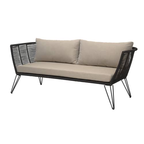 Canapé de jardin 3 places Mundo / L 175 cm - Fils PVC - Bloomingville - Noir / Tissu taupe - Acier laqué, Fibre, Fil PVC, Polyester, Tissu