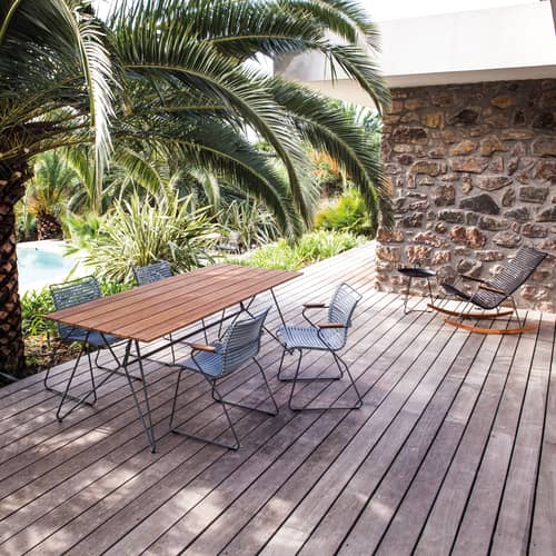 Fauteuil Click Dining plastique bleu / Accoudoirs bambou - Houe - Bleu Dusty - Acier thermolaqué, Bambou, Polypropylène