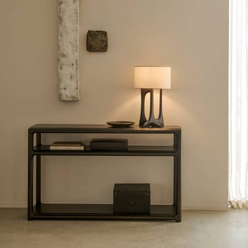 Lampada da tavolo Flow tessuto beige / H 53 cm - Ethnicraft - Tessuto beige / Mogano scuro - Mogano massiccio, Tessuto