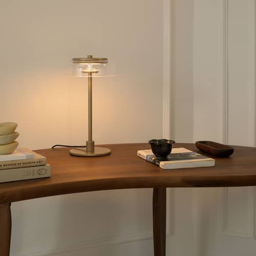 Lampe de table Blossi LED verre / H 31 cm - NUURA - Laiton / Transparent - Métal, Verre soufflé bouche