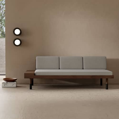 Divano destro Mid tessuto grigio / 3 posti - L 200 cm - KANN DESIGN - Grigio e noce - Impiallacciatura in noce, Noce massello, Schiuma HR, Tessuto Kvadrat