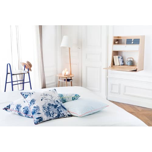 Secrétaire mural Gaston bleu bois naturel / L 60 x H 72 cm - Noyer - Hartô - Bleu pétrole & laiton / Noyer - Cuir, MDF plaqué chêne