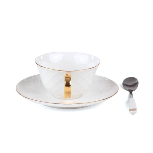 Teetasse Guiltless - Proserpina keramik weiß / Mit Untertasse & Löffel Erotisches Bild auf dem Tassenboden - Seletti - Proserpina / Weiß & Gold - Feines Porzellan