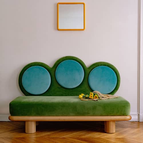 Sofa  textil grün / 3-Sitzer - L 170 cm - COLORTHERAPIS - Blau, Grün / Eiche - Holzfaserplatte, massive Eiche, Schaumstoff, Velours