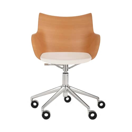 Sessel mit Rollen Q/Wood holz natur / Geformtes Holz & Kunststoff Verstellbare Höhe - Kartell - Helles Holz & weiß / Verchromter Fuß - , Aluminium, Stahl