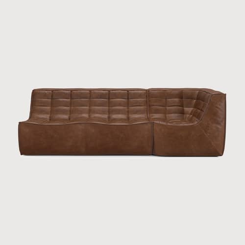 Divano modulabile N701 pelle marrone / Modulo angolo 90° quadrato - Ethnicraft - Castagno - Legno, Pelle anilina, Schiuma PU ad alta densità