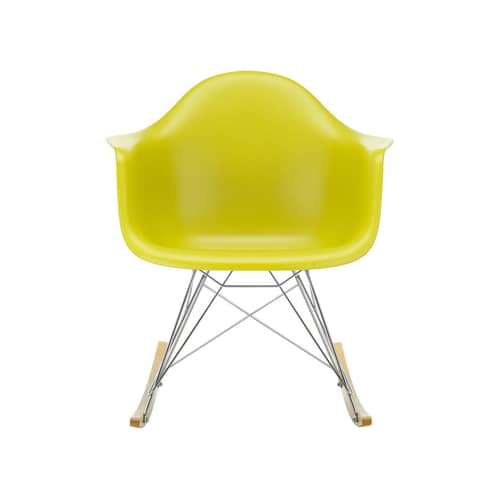 RE RAR - Eames Plastic Armchair Rocking chair plastic material yellow / (1950) - Recycled - Vitra - Mustard yellow / Chrome legs / Light wood - Chromed steel, Post-consumer recycled plastic, Solid maple