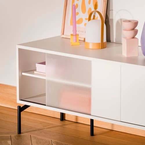 Meuble TV Met Mini / L 116 x H 55 cm - NOO.MA - Gris amande - Acier, Mélamine, Verre texturé